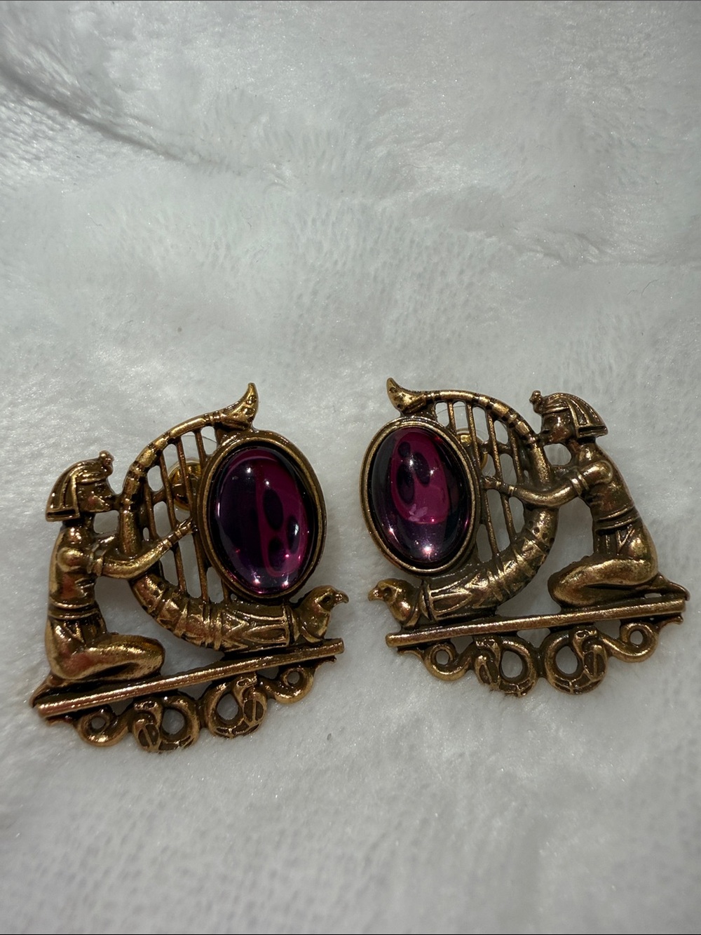 Kenneth Jay Lane Gold-Tone Egyptian Harp Earrings with Purple Cabochons